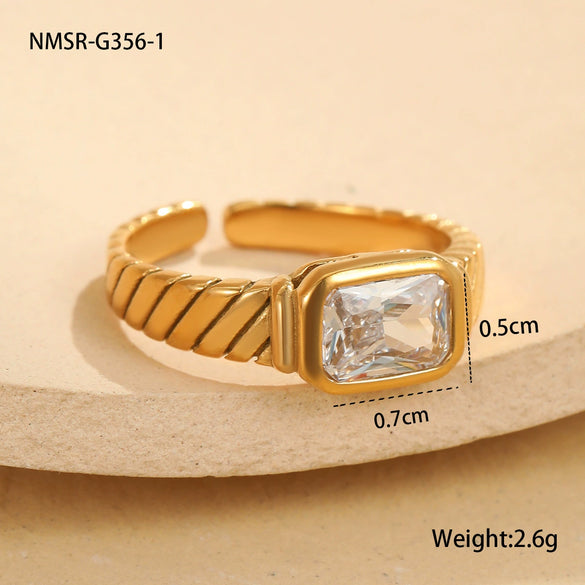 Square Zircon Ring Stainless Steel 18K Gold Plated Retro Mid Century Style For Women