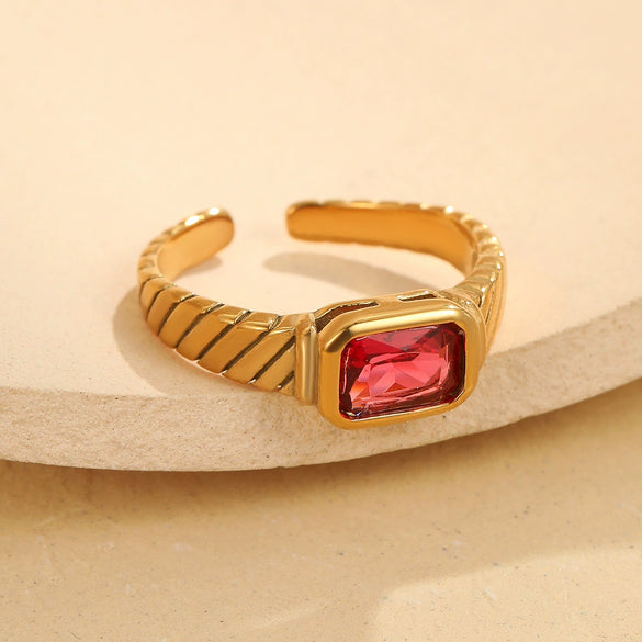 Square Zircon Ring Stainless Steel 18K Gold Plated Retro Mid Century Style For Women