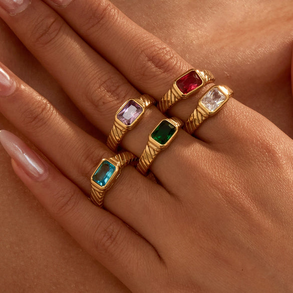 Square Zircon Ring Stainless Steel 18K Gold Plated Retro Mid Century Style For Women