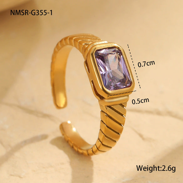 Square Zircon Ring Stainless Steel 18K Gold Plated Retro Mid Century Style For Women