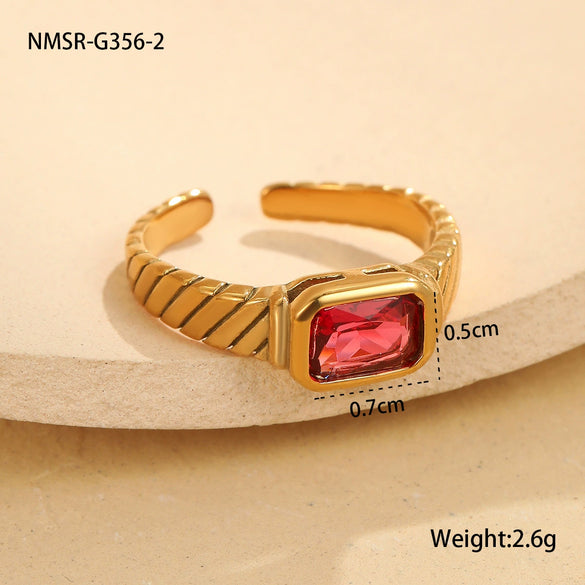 Square Zircon Ring Stainless Steel 18K Gold Plated Retro Mid Century Style For Women