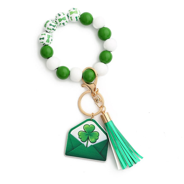 St Patrick's Day Ornaments Clover Pendant Wooden Bead Keychain