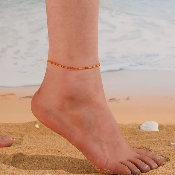 Stackable Beaded Natural Crystal Turquoise Stainless Steel Geometric Anklet