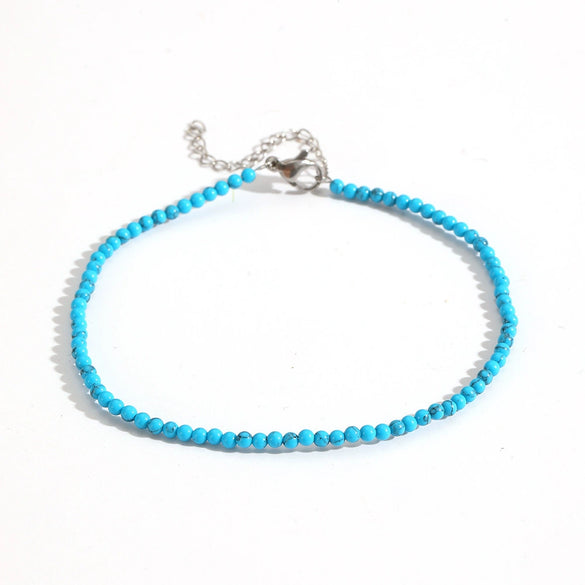 Stackable Beaded Natural Crystal Turquoise Stainless Steel Geometric Anklet