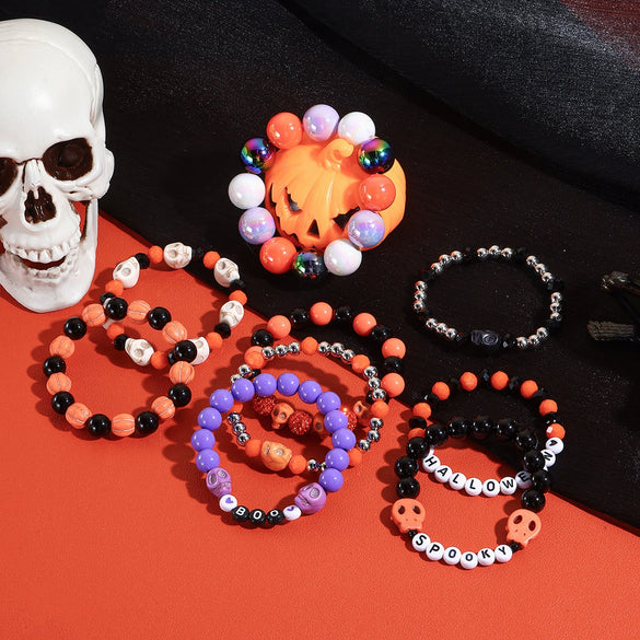 Stackable Halloween Acrylic Beaded Bracelet Set With Letter Pumpkin Ghost Skull Electroplated Unisex Simple Style