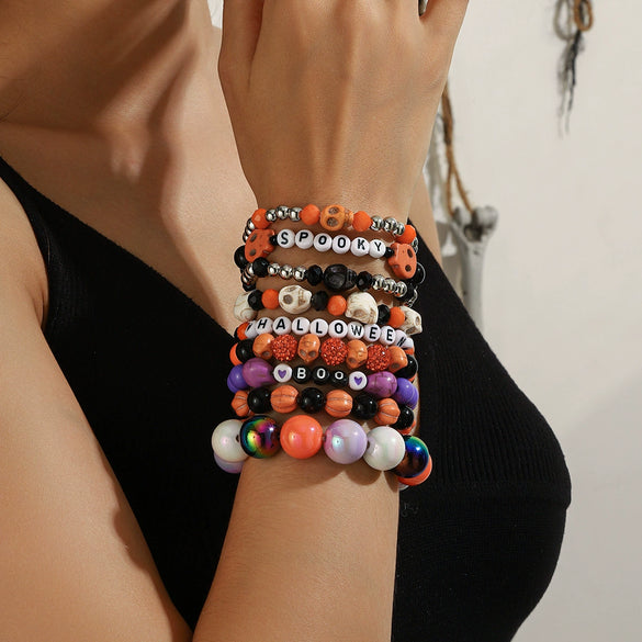 Stackable Halloween Acrylic Beaded Bracelet Set With Letter Pumpkin Ghost Skull Electroplated Unisex Simple Style