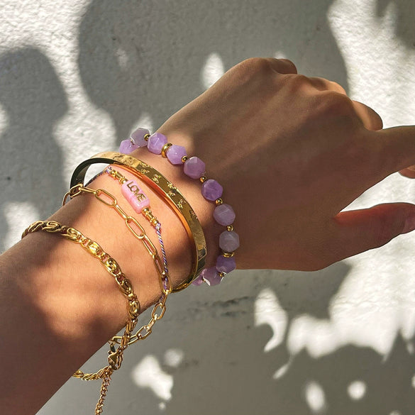 Stacked Bracelet Stainless Steel Geometric Amethyst Bead Jewelry Electroplated For Women