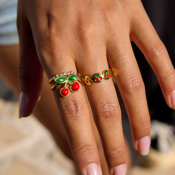Stacked Cherry Geometric Style Stainless Steel Electroplated Women's Ring Jewelry