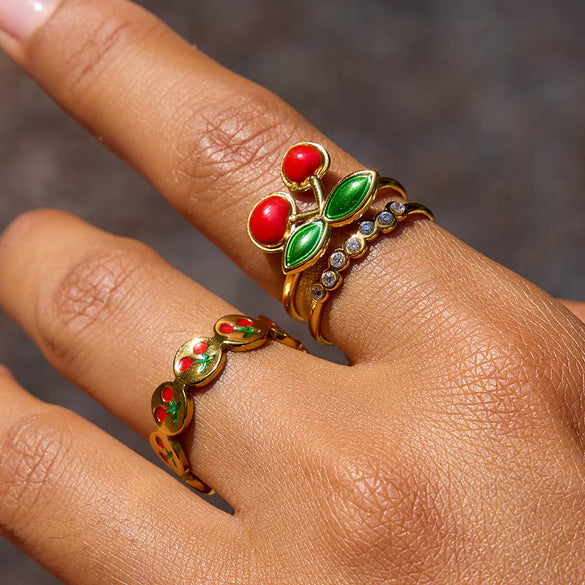 Stacked Cherry Geometric Style Stainless Steel Electroplated Women's Ring Jewelry