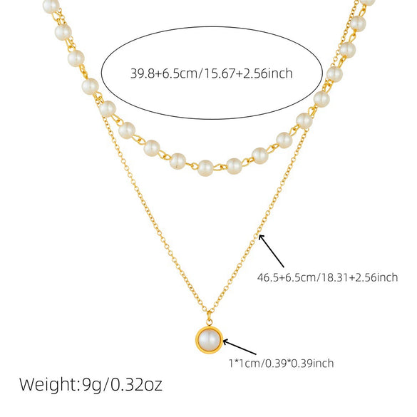 Stacked Clavicle Chain Two Layer Pearl Pendant Necklace Stainless Steel Geometric Electroplated Women's Jewelry