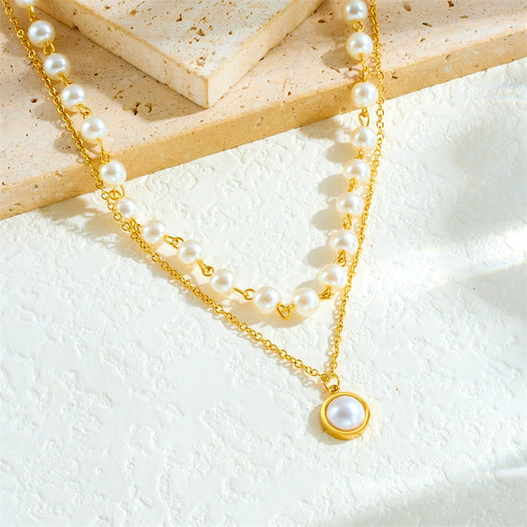 Stacked Clavicle Chain Two Layer Pearl Pendant Necklace Stainless Steel Geometric Electroplated Women's Jewelry