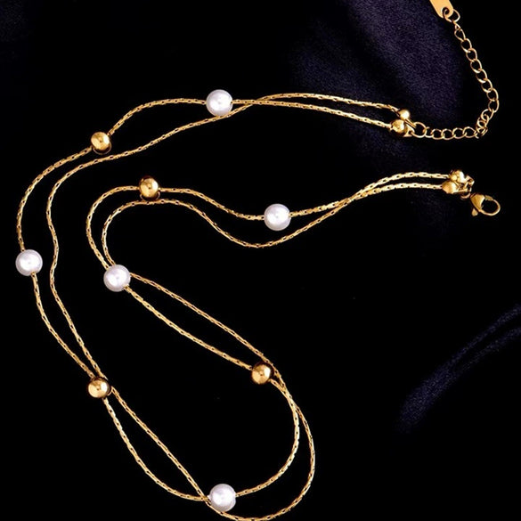 Stacked Clavicle Necklace Imitation Pearl Round Beads Titanium Steel Geometric Style Electroplated Jewelry