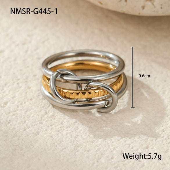 Stacked Colorblocked Stainless Steel Geometric Ring Combination Light Luxury Style 18K Goldplated Hand Jewelry