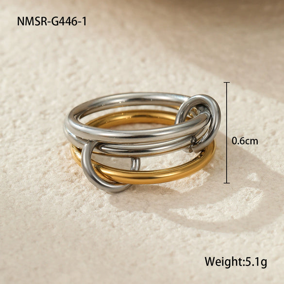 Stacked Colorblocked Stainless Steel Geometric Ring Combination Light Luxury Style 18K Goldplated Hand Jewelry