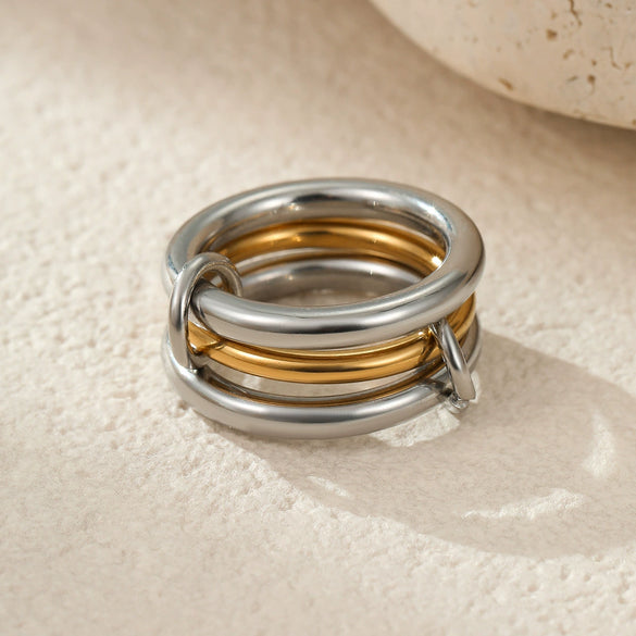 Stacked Colorblocked Stainless Steel Geometric Ring Combination Light Luxury Style 18K Goldplated Hand Jewelry