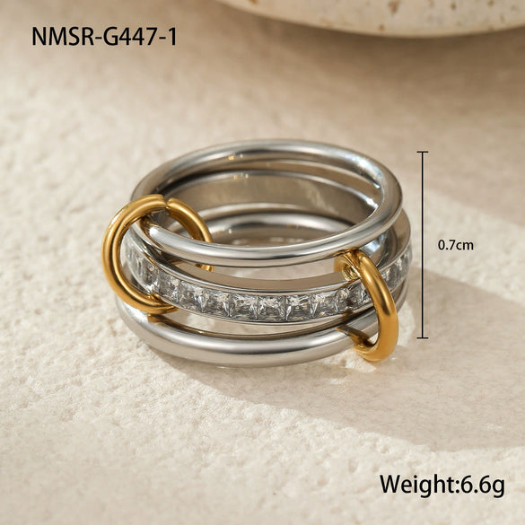 Stacked Colorblocked Stainless Steel Geometric Ring Combination Light Luxury Style 18K Goldplated Hand Jewelry
