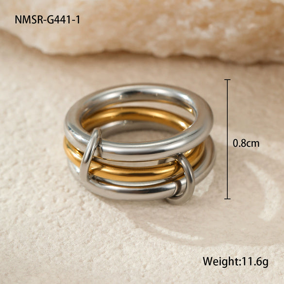 Stacked Colorblocked Stainless Steel Geometric Ring Combination Light Luxury Style 18K Goldplated Hand Jewelry