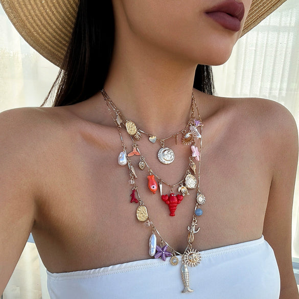 Stacked Geometric Starfish Shell Alloy Iron Chain Imitation Pearl Women's Necklace With Electroplating
