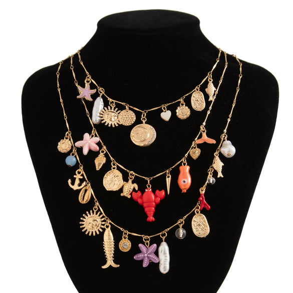 Stacked Geometric Starfish Shell Alloy Iron Chain Imitation Pearl Women's Necklace With Electroplating