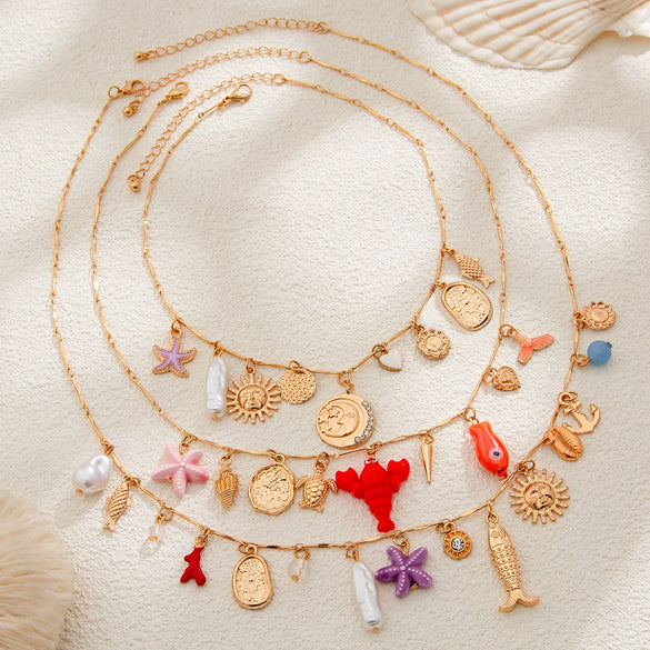 Stacked Geometric Starfish Shell Alloy Iron Chain Imitation Pearl Women's Necklace With Electroplating