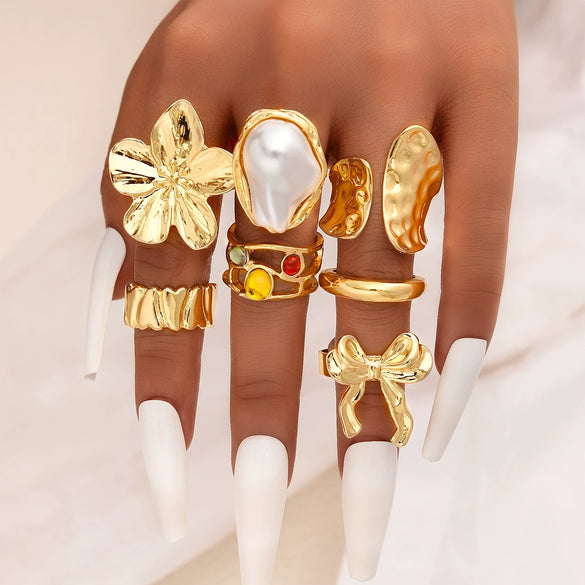 Stacked Ins Style Women's Special Shaped Pearl Gemstone Ring Set Zinc Alloy Electroplated