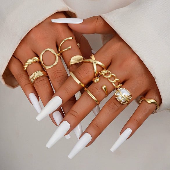 Stacked Ins Style Women's Special Shaped Pearl Gemstone Ring Set Zinc Alloy Electroplated
