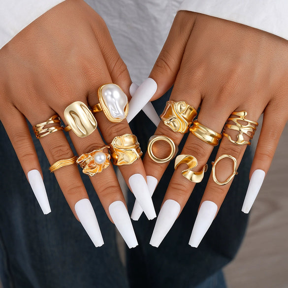 Stacked Ins Style Women's Special Shaped Pearl Gemstone Ring Set Zinc Alloy Electroplated