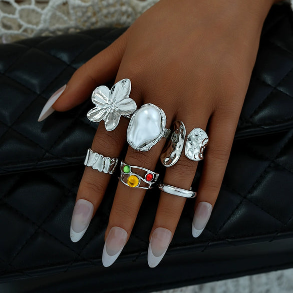 Stacked Ins Style Women's Special Shaped Pearl Gemstone Ring Set Zinc Alloy Electroplated
