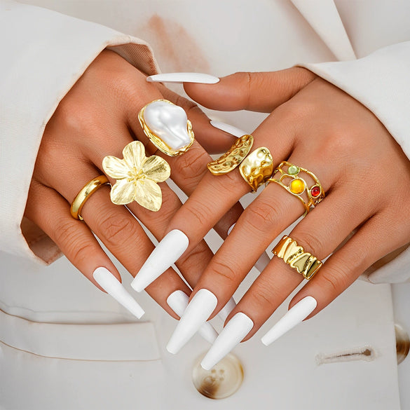 Stacked Ins Style Women's Special Shaped Pearl Gemstone Ring Set Zinc Alloy Electroplated