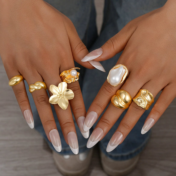 Stacked Ins Style Women's Special Shaped Pearl Gemstone Ring Set Zinc Alloy Electroplated