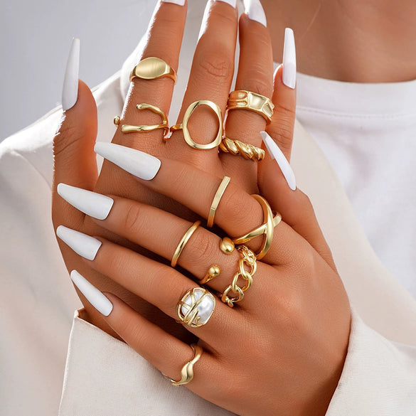 Stacked Ins Style Women's Special Shaped Pearl Gemstone Ring Set Zinc Alloy Electroplated