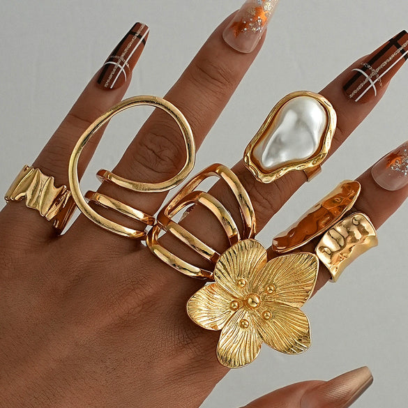 Stacked Ins Style Women's Special Shaped Pearl Gemstone Ring Set Zinc Alloy Electroplated
