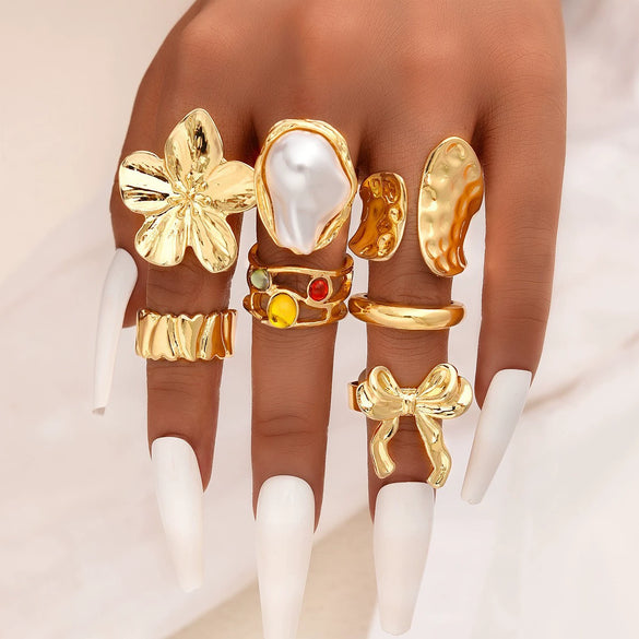 Stacked Ins Style Women's Special Shaped Pearl Gemstone Ring Set Zinc Alloy Electroplated