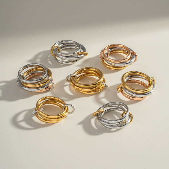 Stacked Interlocking Ring In Geometric Shape Stainless Steel Jewelry With Pvd Furnace Vacuum Real Gold Plating For Unisex