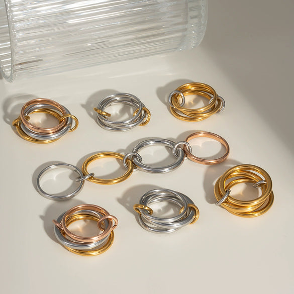 Stacked Interlocking Ring In Geometric Shape Stainless Steel Jewelry With Pvd Furnace Vacuum Real Gold Plating For Unisex