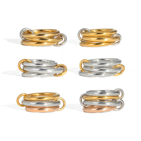 Stacked Interlocking Ring In Geometric Shape Stainless Steel Jewelry With Pvd Furnace Vacuum Real Gold Plating For Unisex