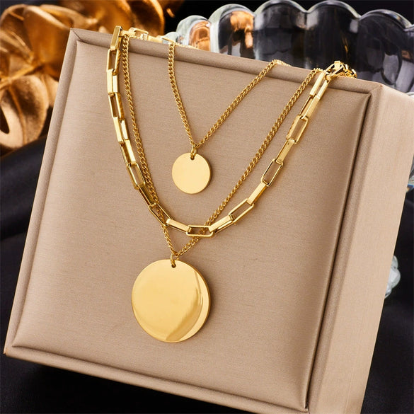 Stacked Multi Layer Round Pendant Necklace With Geometric Pattern Made Of Titanium Steel Electroplated For Women And Men