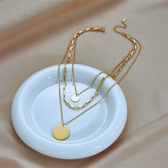 Stacked Multi Layer Round Pendant Necklace With Geometric Pattern Made Of Titanium Steel Electroplated For Women And Men