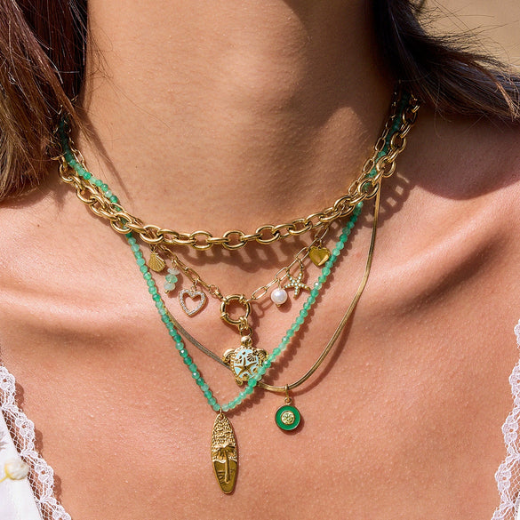 Stacked Natural Stone Ocean Style Hammer Pattern Coconut Tree Pendant Stainless Steel Clavicle Chain Necklace With Electroplating