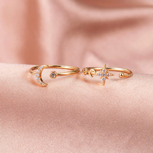 Stacked Open Ring Women's Copper Diamond Retro Design Sun And Moon Style