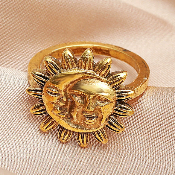 Stacked Open Ring Women's Copper Diamond Retro Design Sun And Moon Style