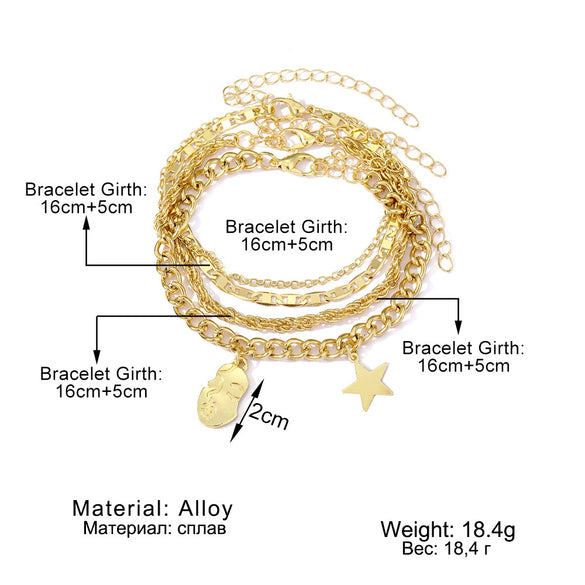 Stacked Retro Fivepointed Star Alloy Bracelet Fourpiece Set Electroplated Geometric Design For Men And Women