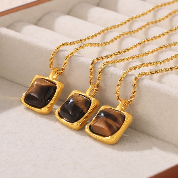 Stacked Tiger Eye Pendant Necklace For Women Titanium Steel 18K Gold Plated Geometric Ball Chain Light Luxury