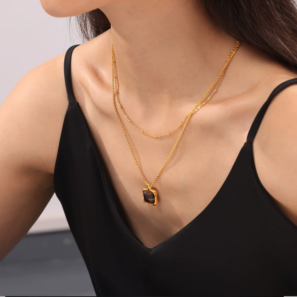 Stacked Tiger Eye Pendant Necklace For Women Titanium Steel 18K Gold Plated Geometric Ball Chain Light Luxury