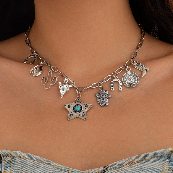 Stacked Western Cowboy Hat Pendant Necklace For Women Retro Turquoise Cactus Cow Head Iron Chain Alloy Geometric Electroplated