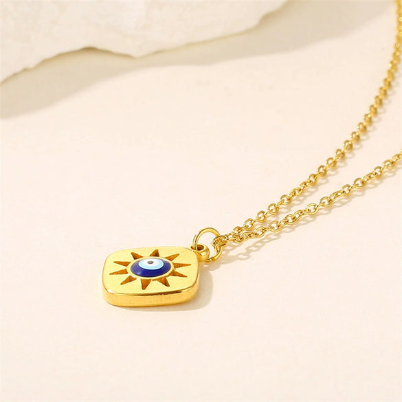 Stacked Wind Devil's Eye Element Diamond Small Square Titanium Steel And Stainless Steel Women's Clavicle Necklace With Dripping Oil Treatment And Geometric Pattern