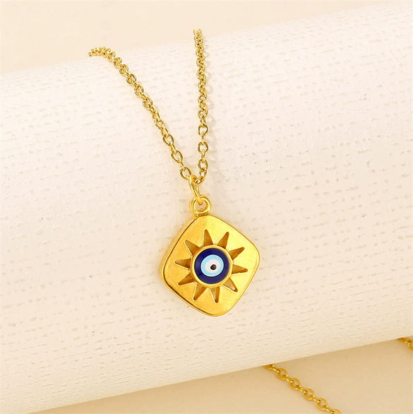 Stacked Wind Devil's Eye Element Diamond Small Square Titanium Steel And Stainless Steel Women's Clavicle Necklace With Dripping Oil Treatment And Geometric Pattern