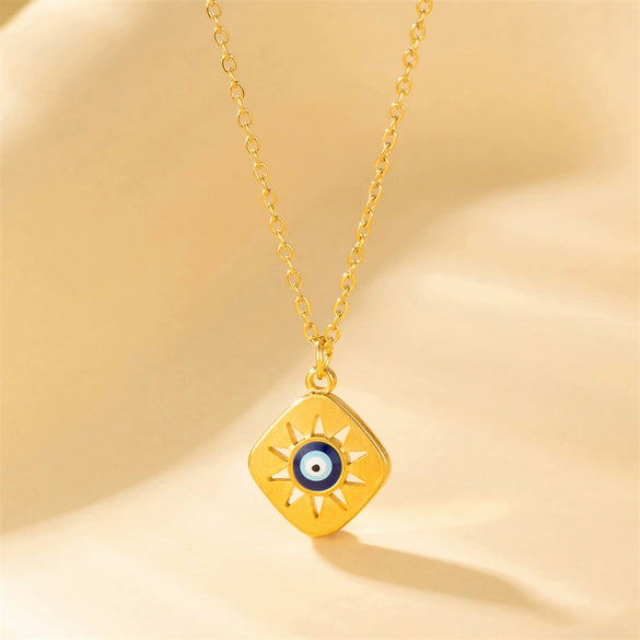 Stacked Wind Devil's Eye Element Diamond Small Square Titanium Steel And Stainless Steel Women's Clavicle Necklace With Dripping Oil Treatment And Geometric Pattern