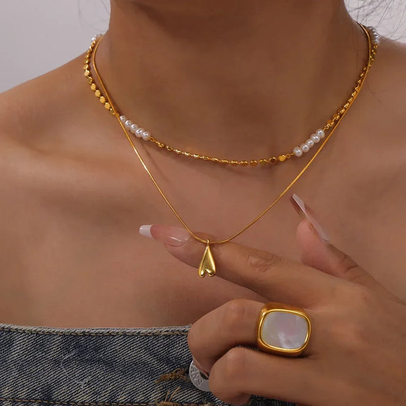 Stacked Wind Jewelry Freshwater Pearl Round Beaded Love Pendant Copper Necklace With Geometric Design And Electroplating