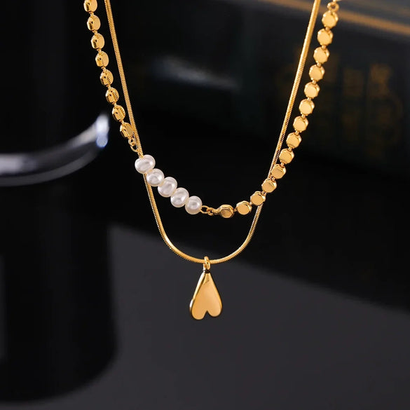 Stacked Wind Jewelry Freshwater Pearl Round Beaded Love Pendant Copper Necklace With Geometric Design And Electroplating